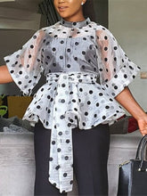 Load image into Gallery viewer, Women White Blouses Polka Dot Peplum See Through
