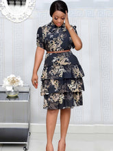 Load image into Gallery viewer, Women Printed Cake Dress Short Sleeves with Bowtie Ruffle Elegant
