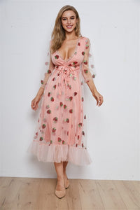 Strawberry Dress Women Deep V Puff