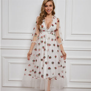 Strawberry Dress Women Deep V Puff