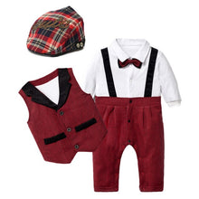 Load image into Gallery viewer, Baby Suits Newborn Boy Clothes Romper + Vest + Hat Formal Clothing Outfit Party Bow
