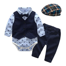 Load image into Gallery viewer, Baby Suits Newborn Boy Clothes Romper + Vest + Hat Formal Clothing Outfit Party Bow
