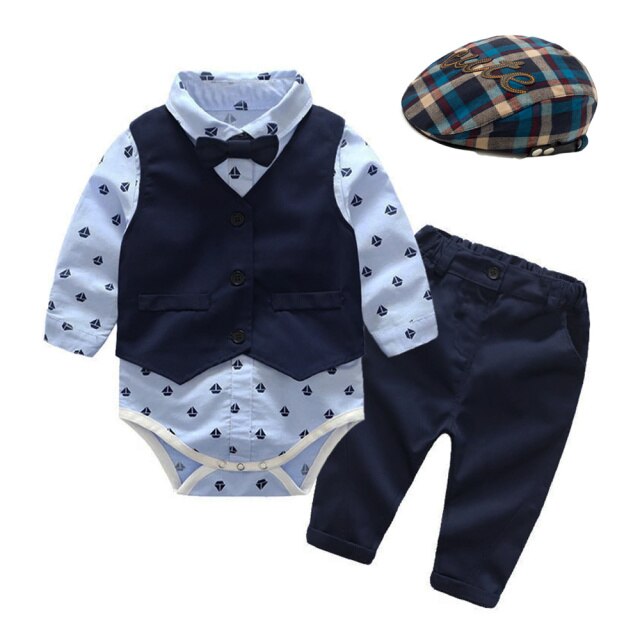 Baby Suits Newborn Boy Clothes Romper + Vest + Hat Formal Clothing Outfit Party Bow